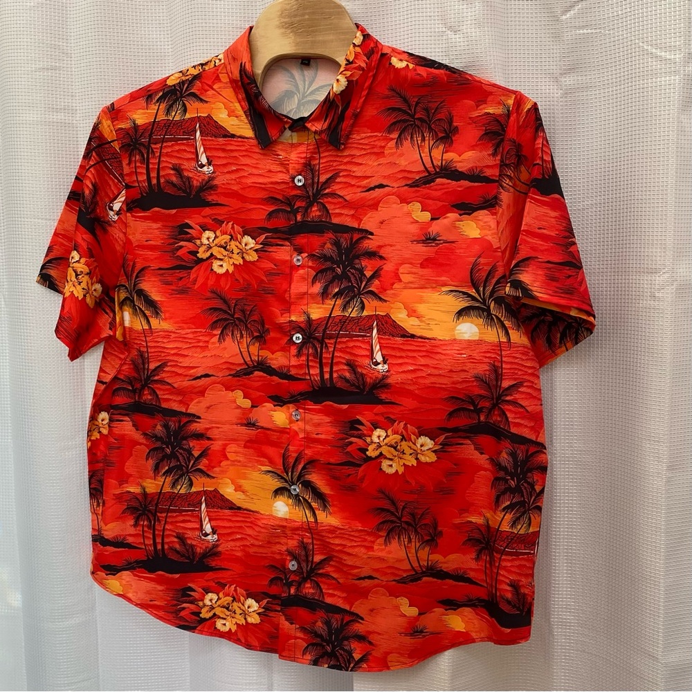 Men’s Hawaiian Tropical Print Camp Shirt Orange Palm Tree Sunset 4XL